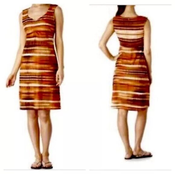 Prana Viana Sleeveless Dress Size Small Orange Brown Stripe Blurred Sunset Vneck - Picture 1 of 8